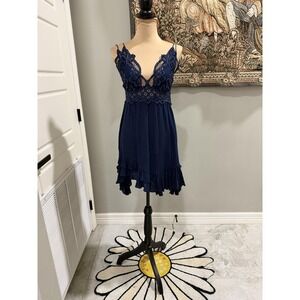 FP One Dress Womens Small Blue Crochet Lace V Neck Ruffle Hem Sundress